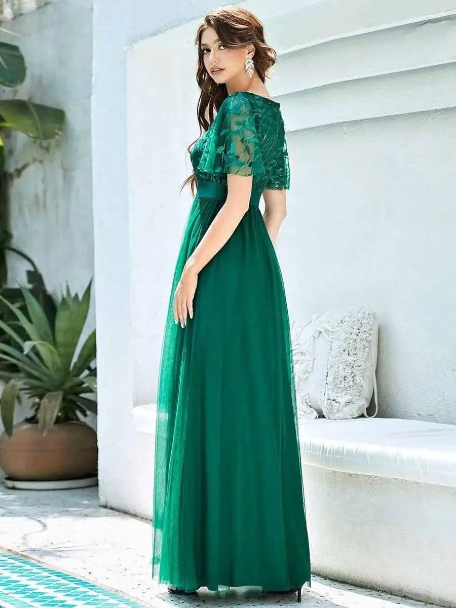 2023 New Women's Burgundy A-Line Sequin Mesh Leaf Maxi Prom Dress Sparkle Evening Dresses O-Neck Short Sleeve Long Dress - M & M Global