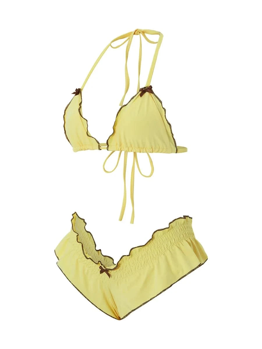 Women Bikini 2024 Patchwork Sleeveless Padded Bra And Frills Thong Bottoms Bikini Women Summer Beach Padded Up Bathing Suits - M & M Global