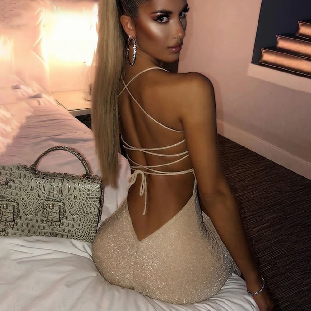 Sexy Bright Diamond Low-Neck Backless Long Dress Women Spaghetti Strap Lace Up Dresses Party Bodycon Elegant Princess Dress 2022 - M & M Global