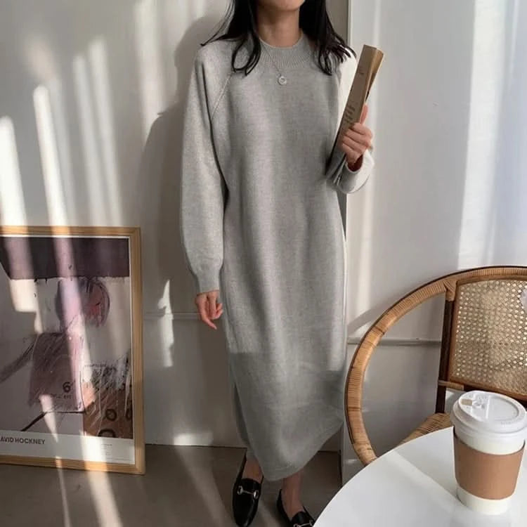 REALEFT Autumn Winter 2023 New O-Neck Casual Loose Knitted Dress Female Straight Long Sleeve Oversize Sweater Womens Long Dress - M & M Global