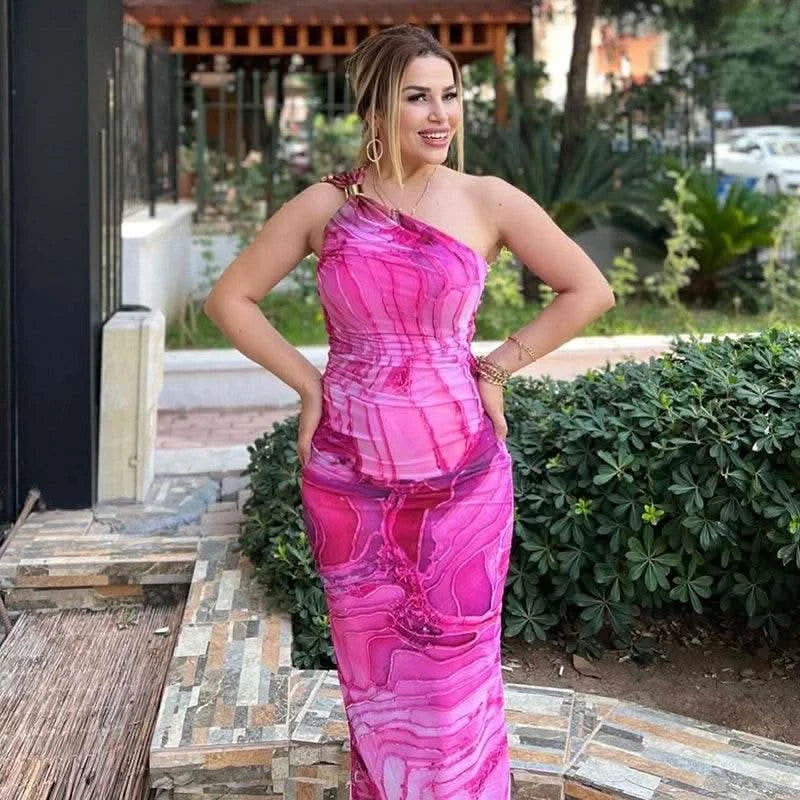 CUTENOVA Sexy Slash Collar Gradient Print Long Dress Summer Chic One-Shoulder Backless Party Dresses Sleeveless Hollow Slim Fit - M & M Global