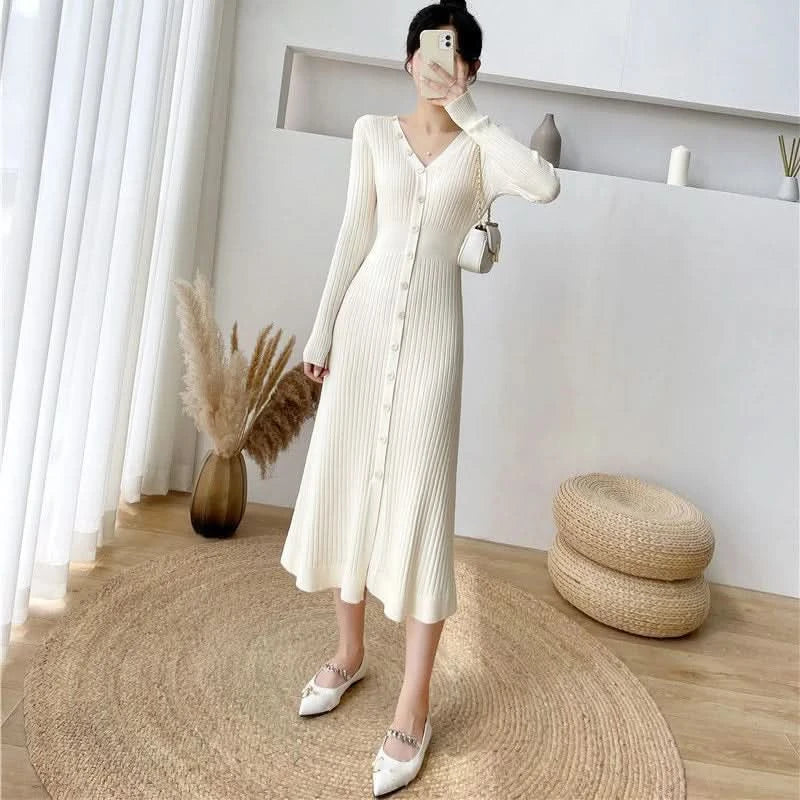 Lucyever Elegant Knitted Long Dress for Women Korean Chic Buttons Slim Fit Midi Dresses Female Streetwear V Neck Party Vestidos - M & M Global