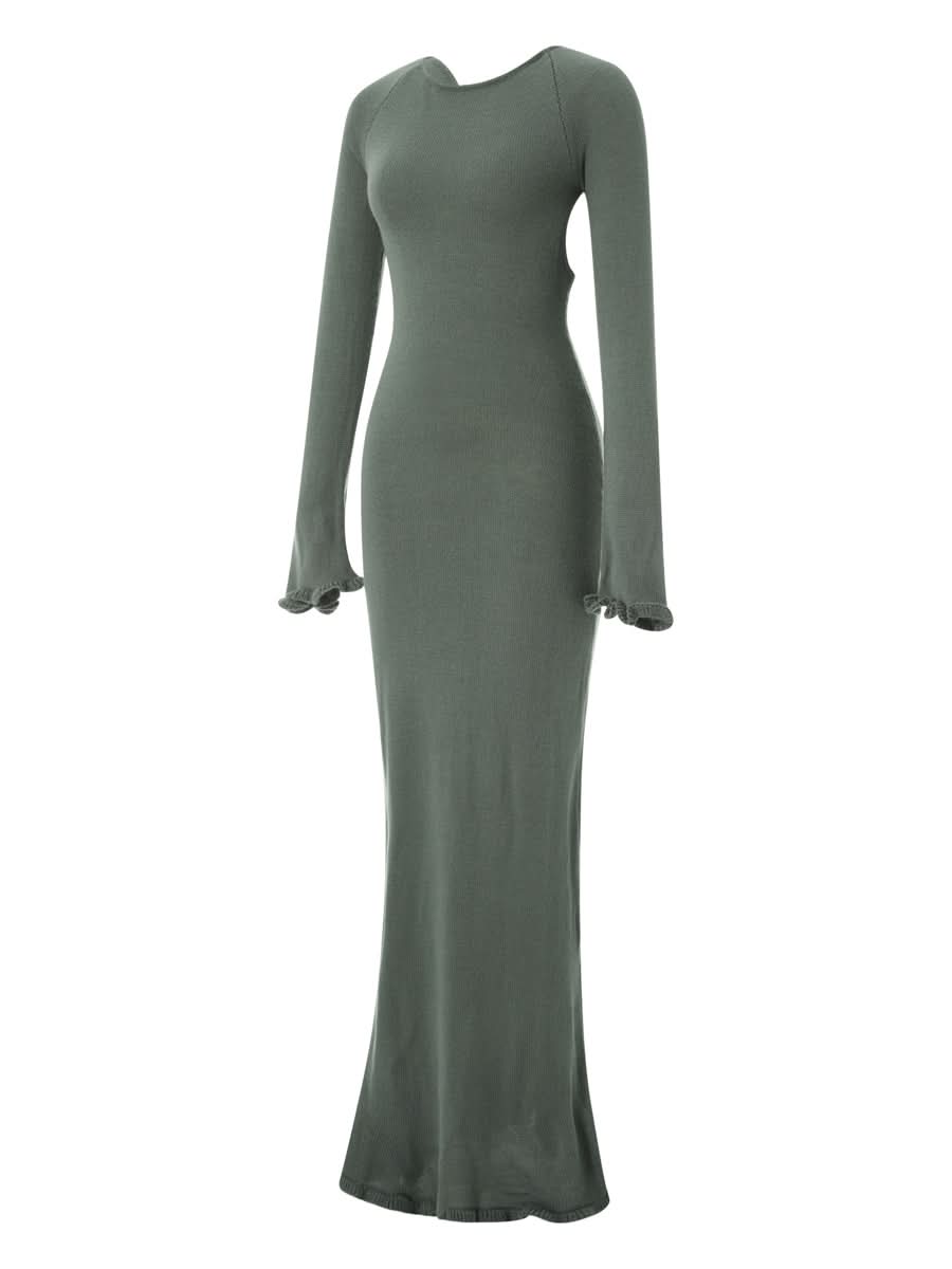 Women's Autumn Winter Knitted Bodycon Dress Long Sleeve Tie Backless Round Neck Solid Color Ruffle Trim Long Dress Beachwear - M & M Global