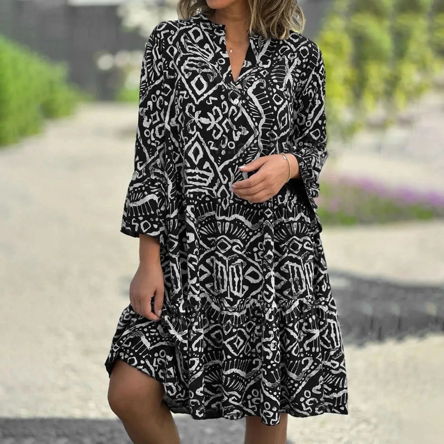 Women Floral Print Maxi Dress Fashion Casual V Neck Long Dress Plus Size Summer Boho Dress Ruffle Three Quarter Sleeves Dresses - M & M Global