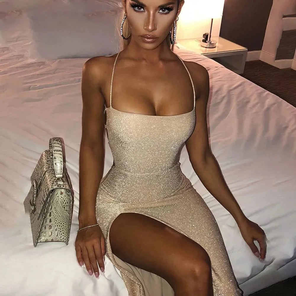 Sexy Bright Diamond Low-Neck Backless Long Dress Women Spaghetti Strap Lace Up Dresses Party Bodycon Elegant Princess Dress 2022 - M & M Global