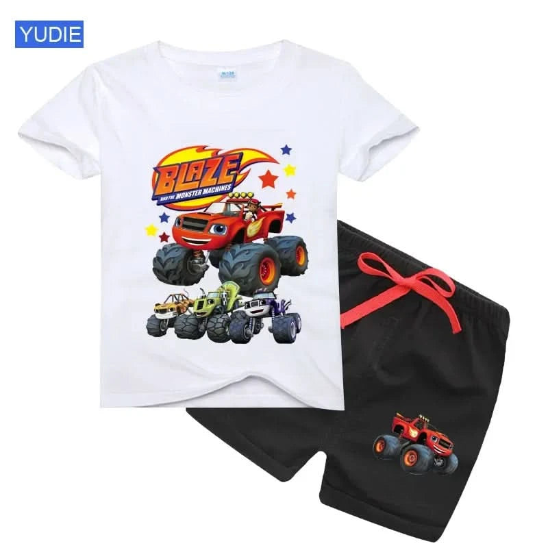 2025 Summer Baby Boy Clothes Set Cartoon Blazing Speed Cars Monster Machines Children Girl Short Sleeve T Shirt+Shorts 2PCS Suit - M & M Global