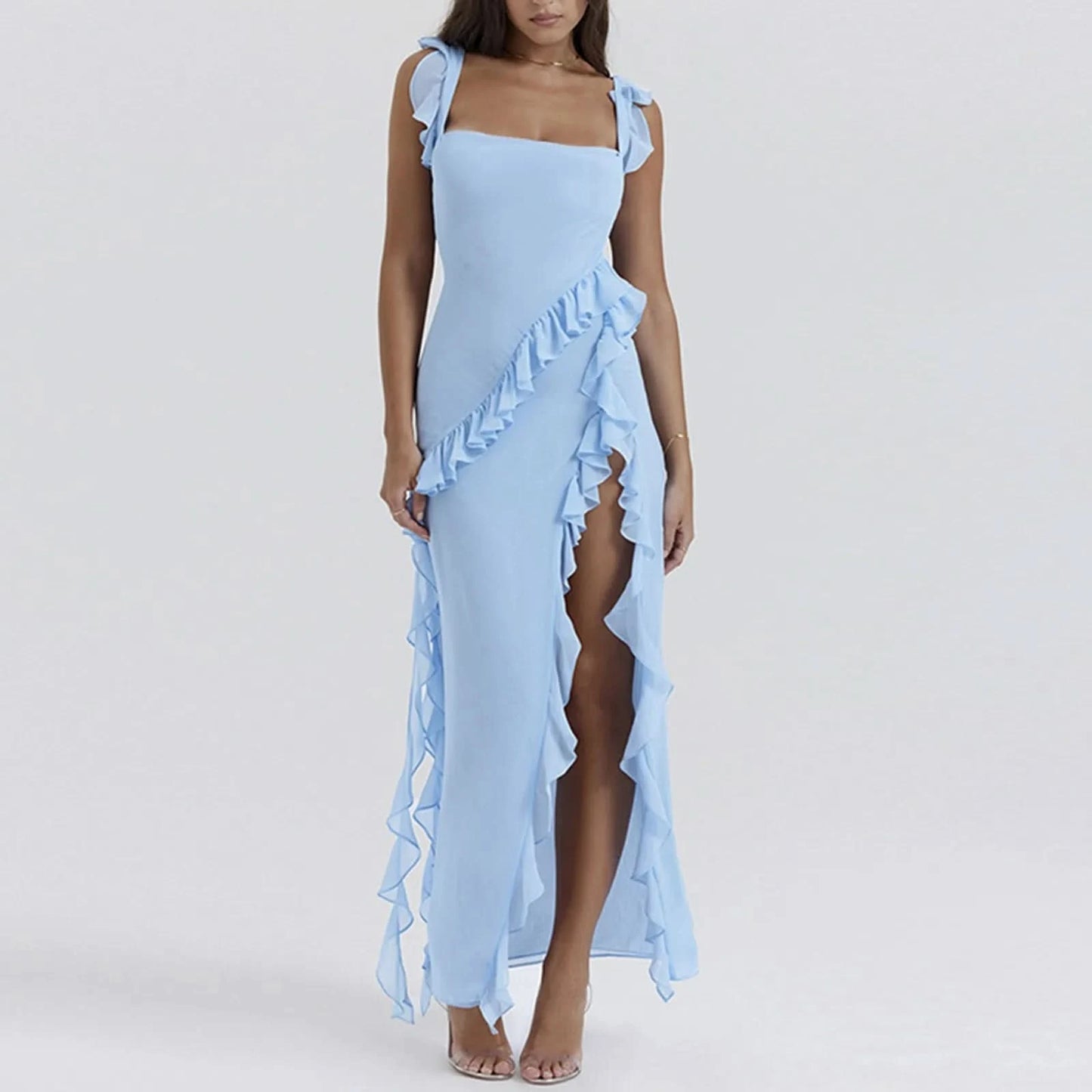 Elegant High Slit Streamer Ladies Dress Sexy Square Neck Slip Dresses Hot Girl Style Long Dress Ruffle Irregular Party Dresses - M & M Global