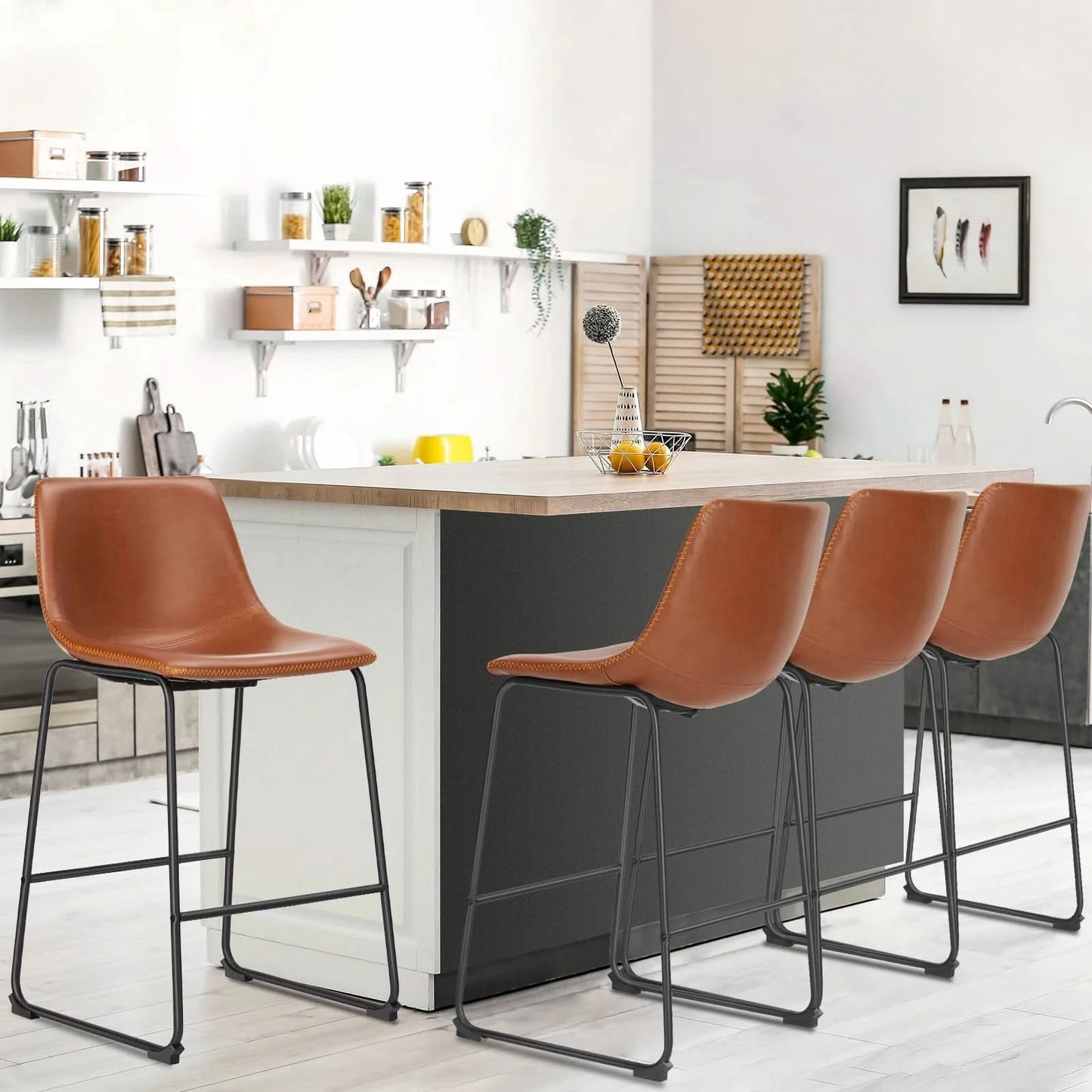 JHK Leather Modern Bar Bench 2-piece Set Armless Metal Leg Brown Bar Bench with Backrest Home Chair Living Room Furniture