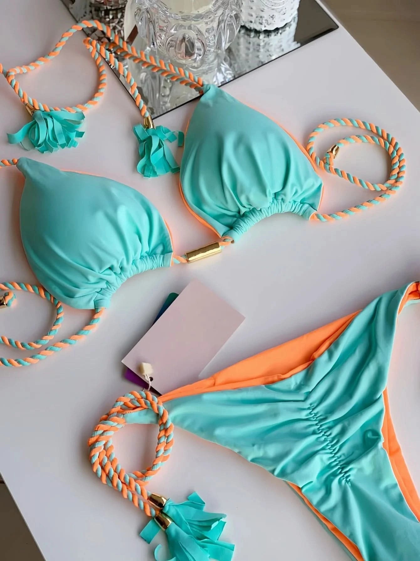Sexy Solid color Two-piece Triangle Swimwear Women's Swimsuit Braiding rope Bikinis Set Beach Bathing Suit Brazilian Biquinis - M & M Global