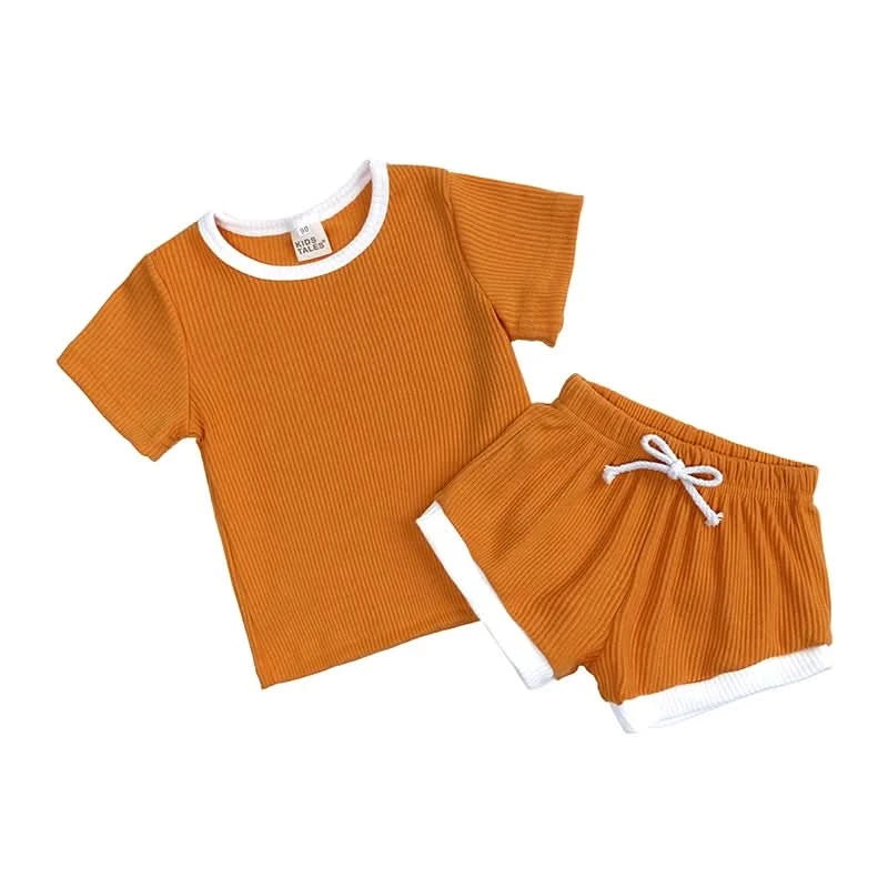 2025 New Style Baby Boy Clothes Sets For Children Kids Girls Clothes Ribbed Solid Cotton Short Sleeve Tee+Pants Toddler Clothing - M & M Global