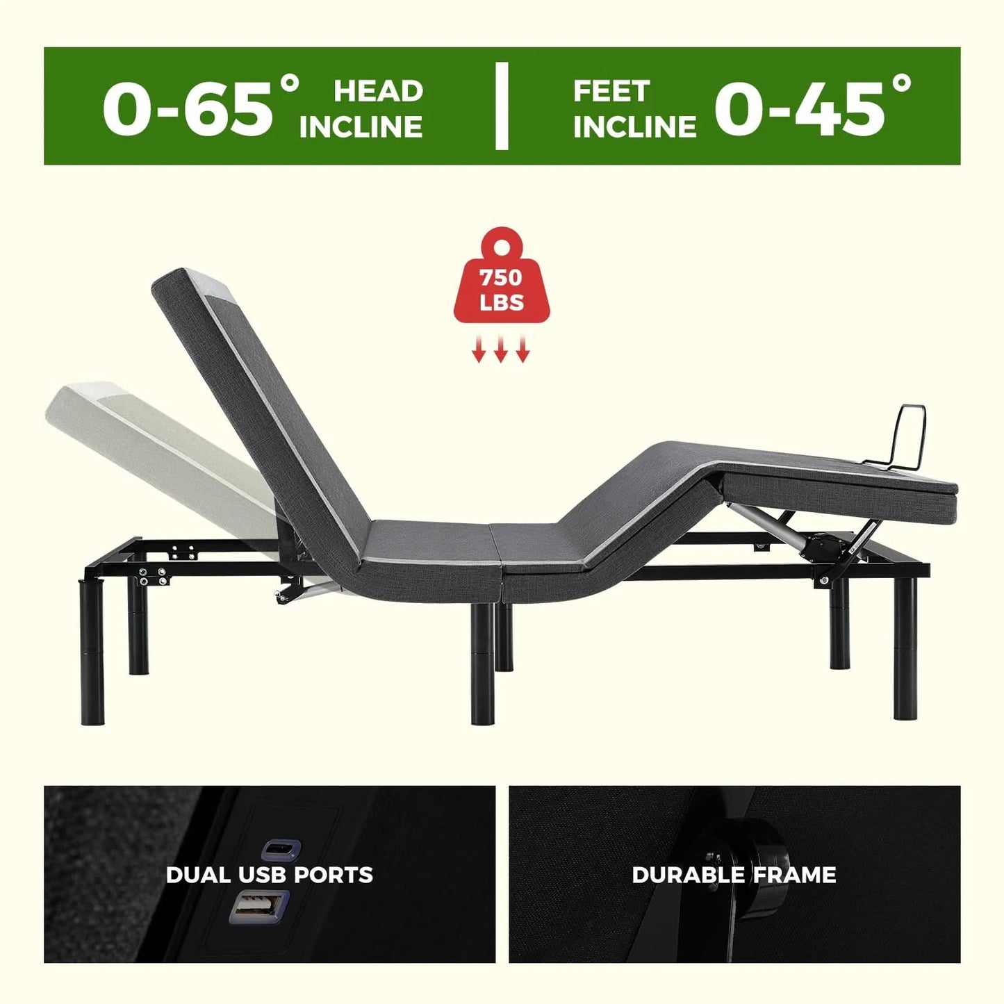 JHK Electric Queen Size Bed Ergonomic Adjustable Bed Frame with Wireless Remote Zero Gravity Bed with 2 USB Ports For Bed Room