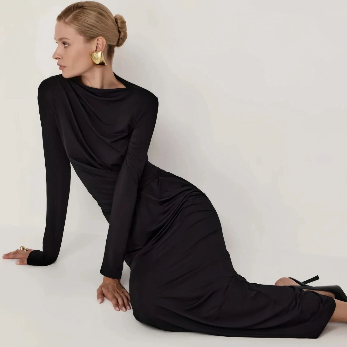 Tossy Fashion Autumn Pleated Long Dress Female High Waist Slim Bandage Solid Elegant Commute Clothes Ladies Y2k Maxi Dress 2024 - M & M Global