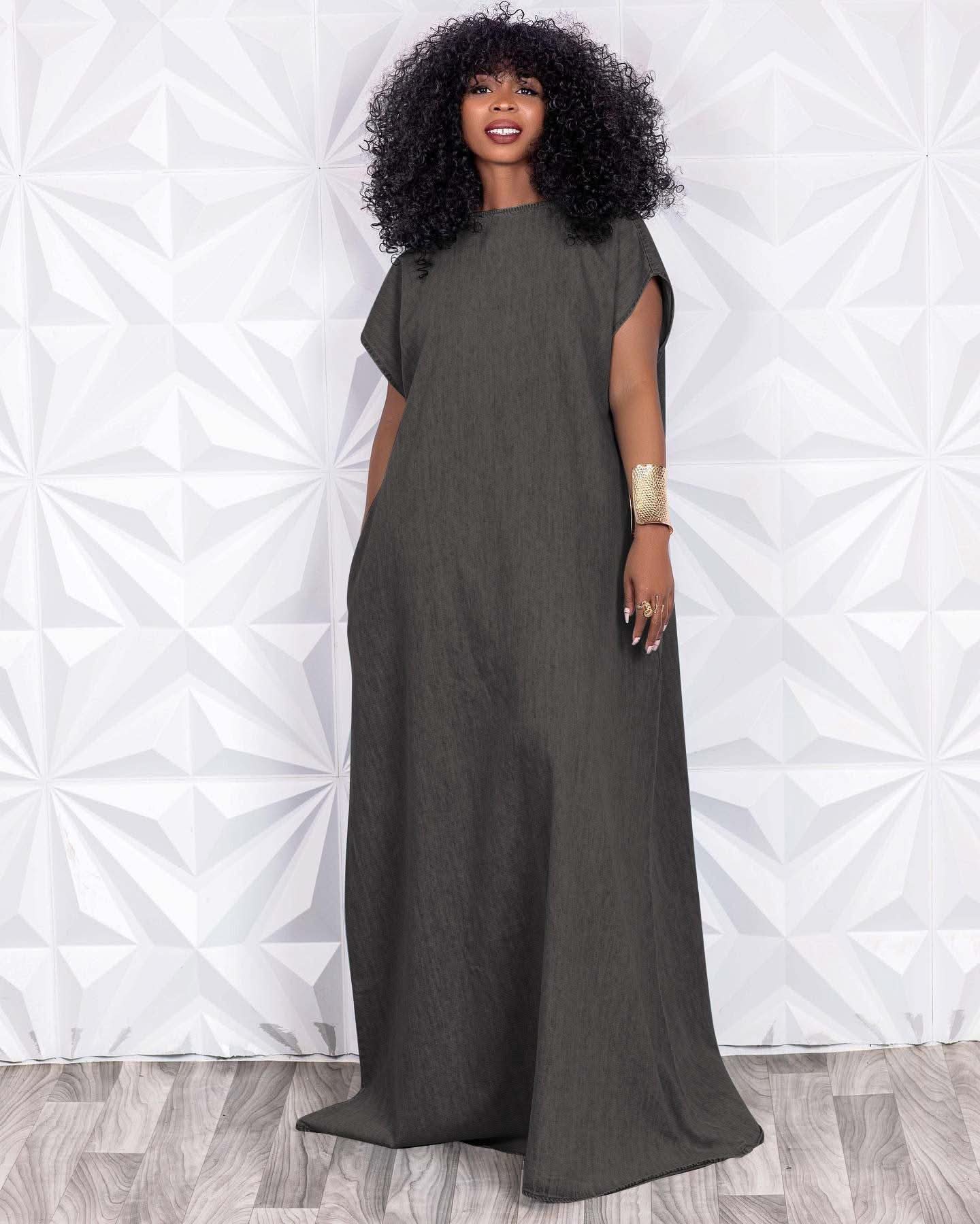 CM.YAYA Vintage Women Fashion Batwing Short Sleeve Denim V-back Loose Slim Maxi Long Dress 2023 High Street Vestido Jean Dresses - M & M Global