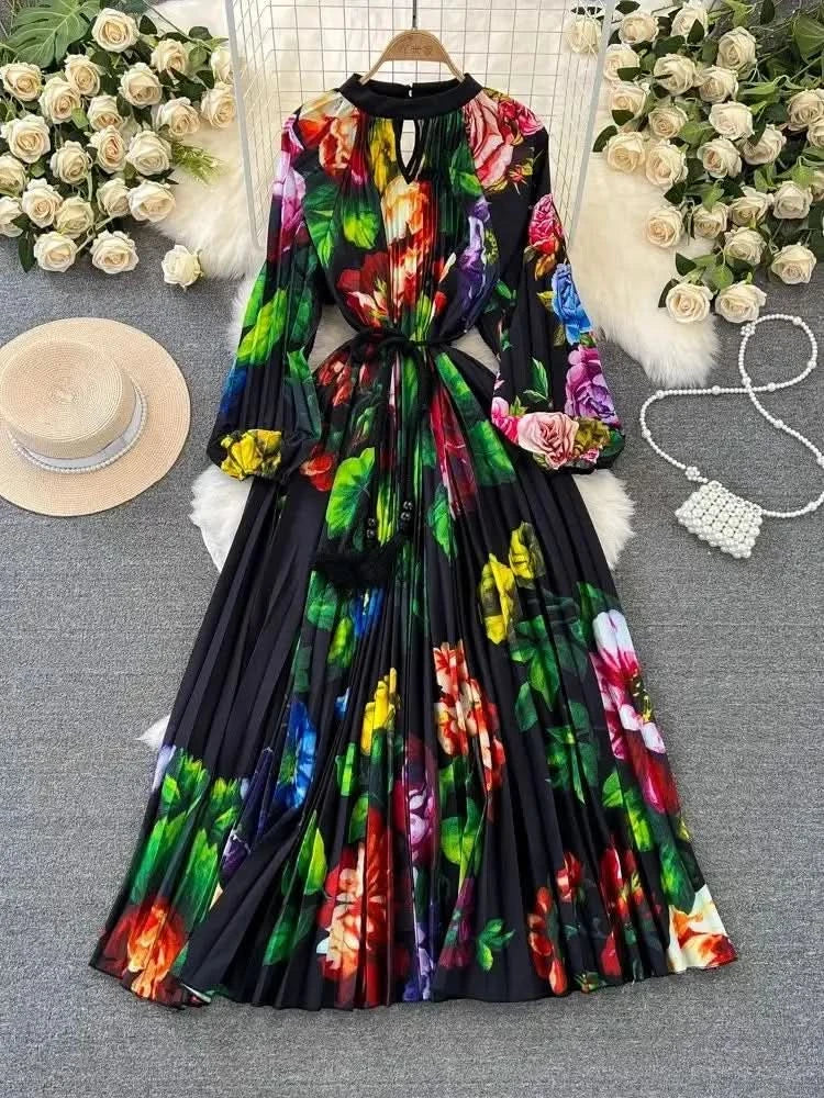 Spring Holiday Print Long Dress For Women Fashion Loose Lantern Sleeve Party Robe Female Big Swing Tassels Belt Pleated Clothes - M & M Global