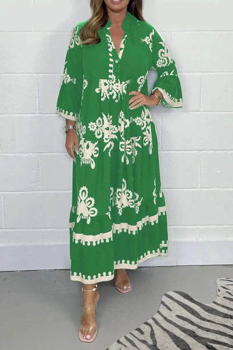 Women's Printed Loose Ethnic Retro Dress Spring Autumn V Neck Button A-Line Long Dress Summer 3/4 Sleeve Bohemian Maxi Dresses - M & M Global
