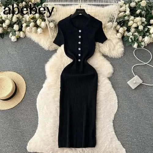 Summer Elastic Women Solid Knit Dress Summer Rose Red Retro Loose Sundress Sets 2024 bodycon Streetwear Sheer Beach Long Dress - M & M Global