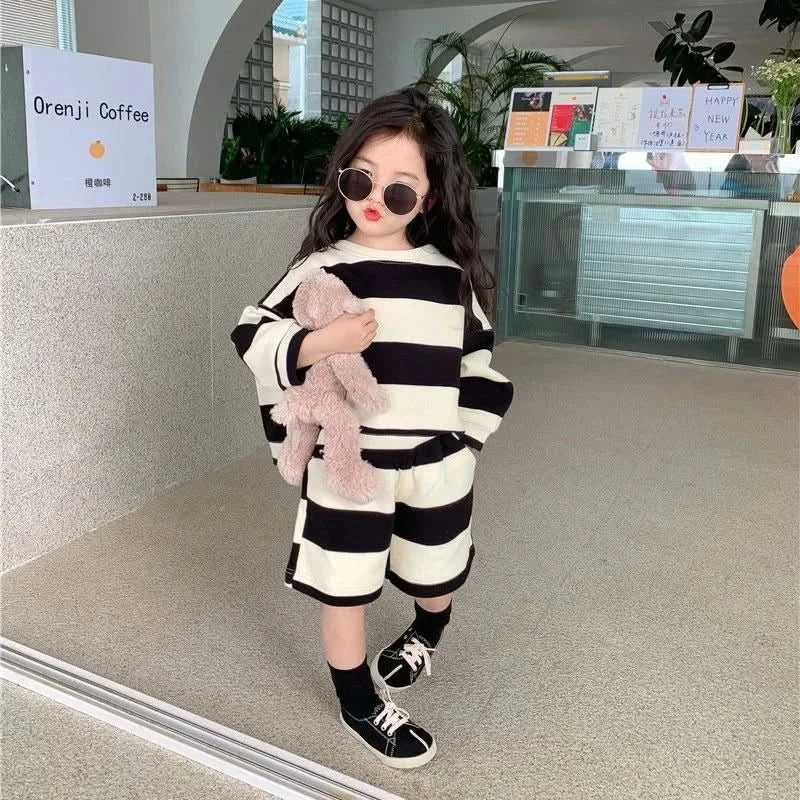 Baby Girl Boy Cotton Striped Clothes Set Hoodie and Shorts 2pcs Infant Toddler Child Tracksuit Spring Autumn Summer 1-7Y - M & M Global