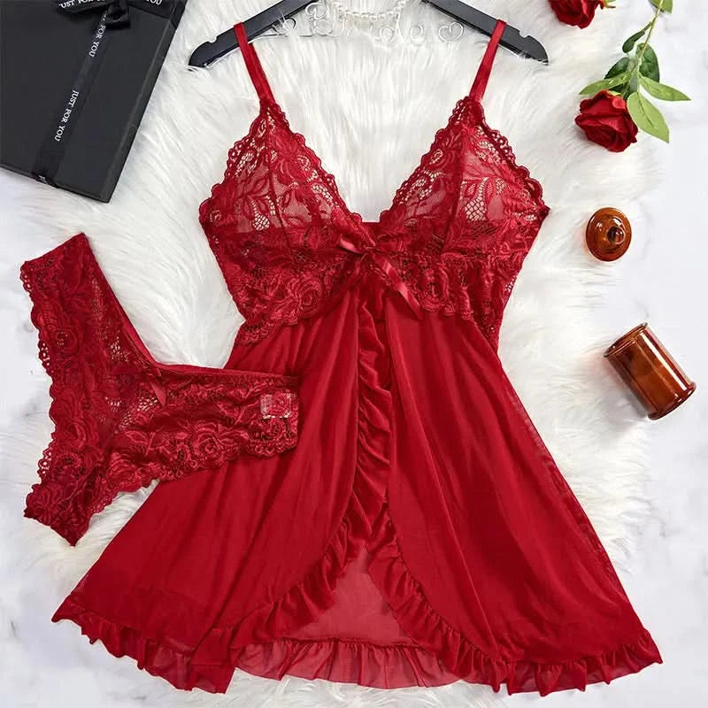 Tulle Suspenders Exquisite Women's Lencerias Lace V-Neck Underwear Semi-transparent Thong Dress Set Females Lingerie Nightgowns - M & M Global