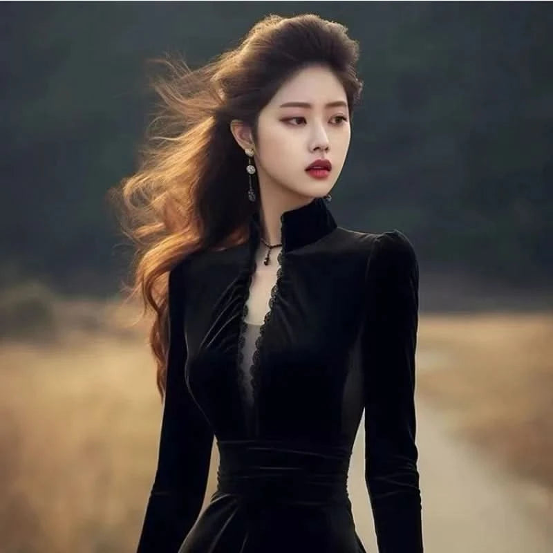 OCEANLOVE Autumn Winter Dresses for Women Hepburn Style Vintage Solid Black Vestidos Mujer Stand Collar Elegant Long Dress - M & M Global