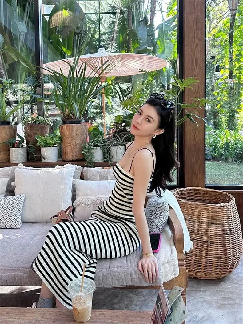 Striped Knitted Slim Dresses Women's Summer Skinny Sleeveless Bodycon Long Dress Casual Holiday Wrap Hip Sundress - M & M Global