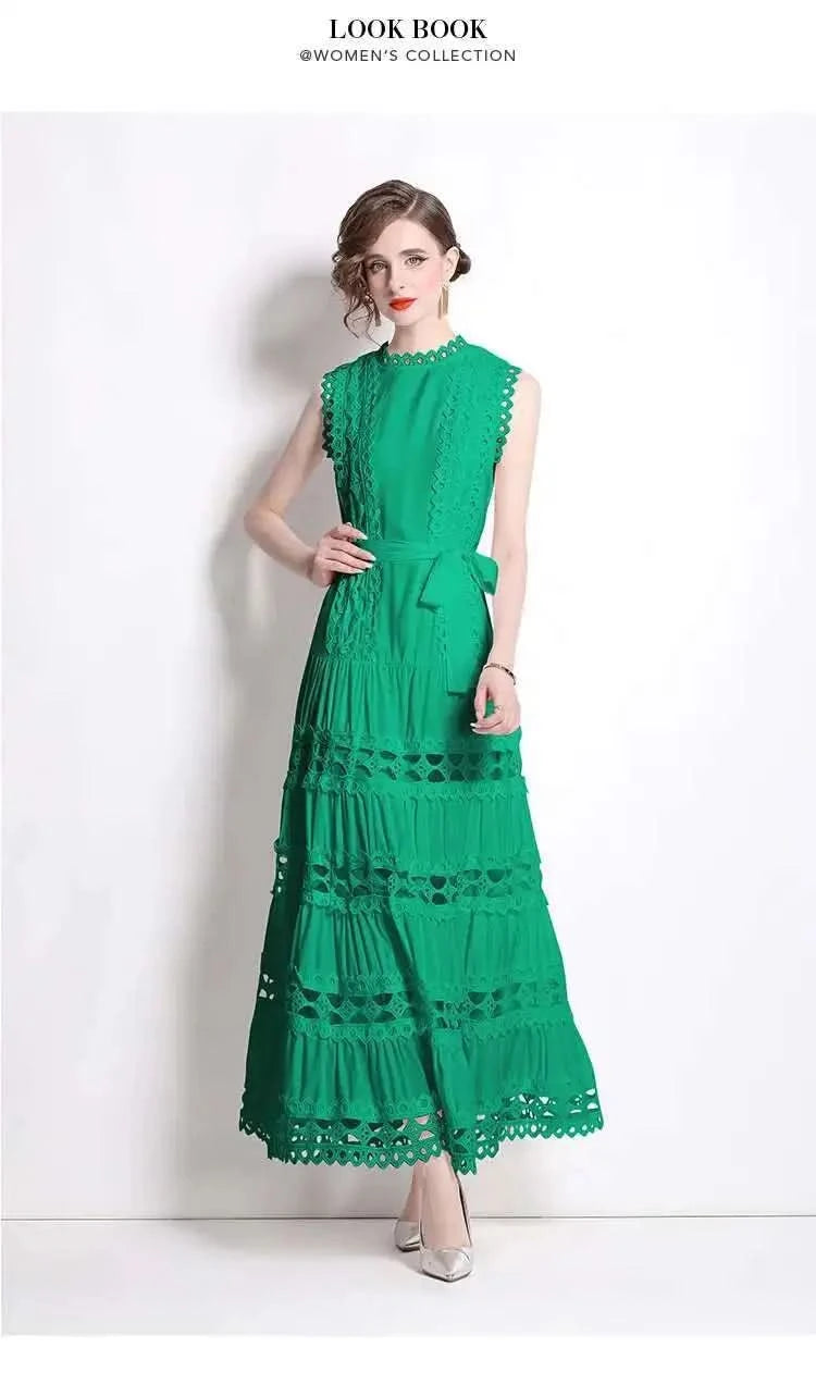 JAMERARY Designer New Summer Holiday White Embroidery Cotton Long Dress Women Sleeveless Midi Prom Evening Dresses Party Robe - M & M Global
