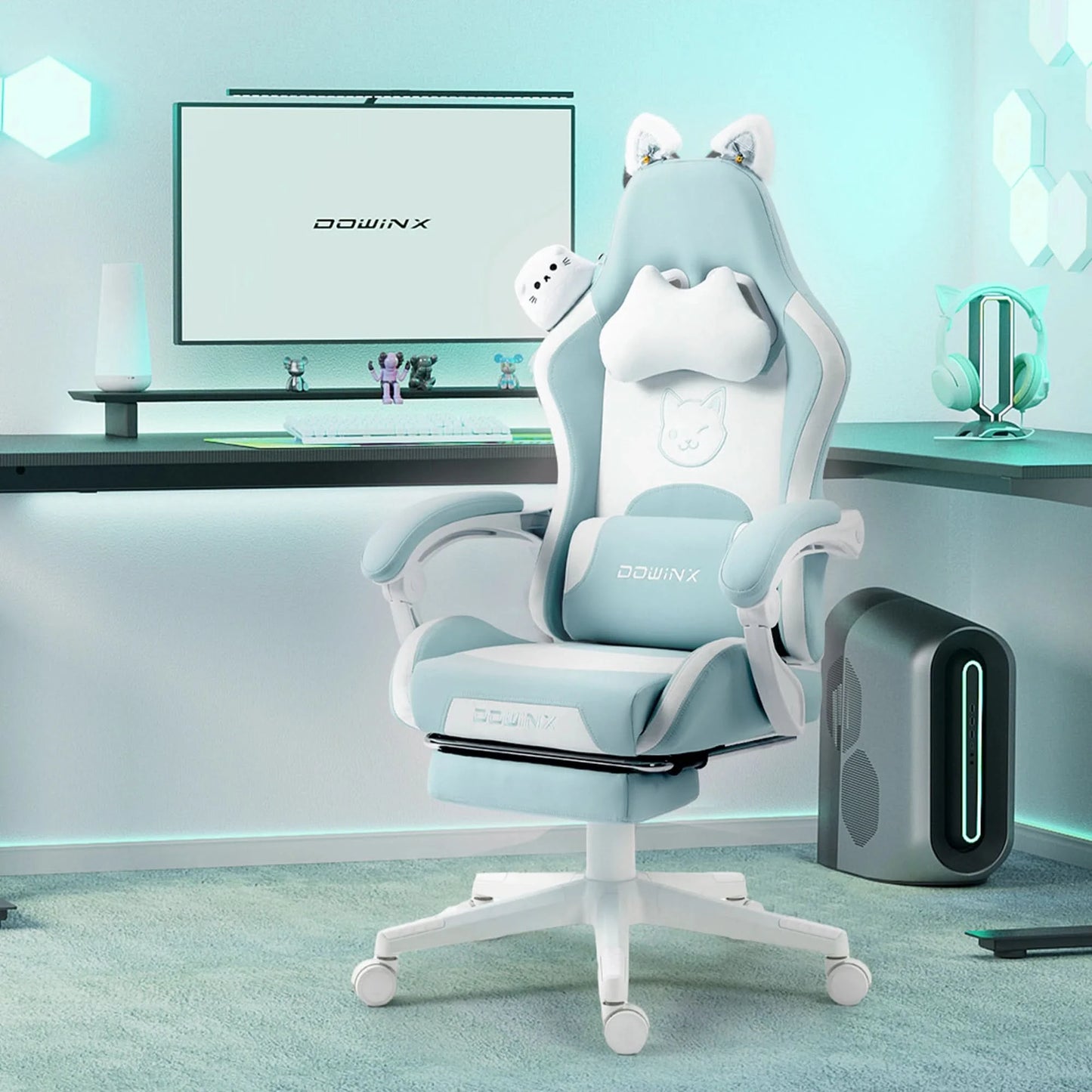 Dowinx Gaming Chair Cute with Cat Ears and Massage Lumbar Support, Ergonomic Computer Chair for Girl with Footrest and Headrest