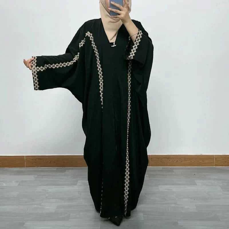 Ramadan Luxury Muslim Fashion Bat Sleeve Moroccan Turkiye Dubai Dress Middle East Arab Dress Sequins Golden Velvet Long Dress - M & M Global