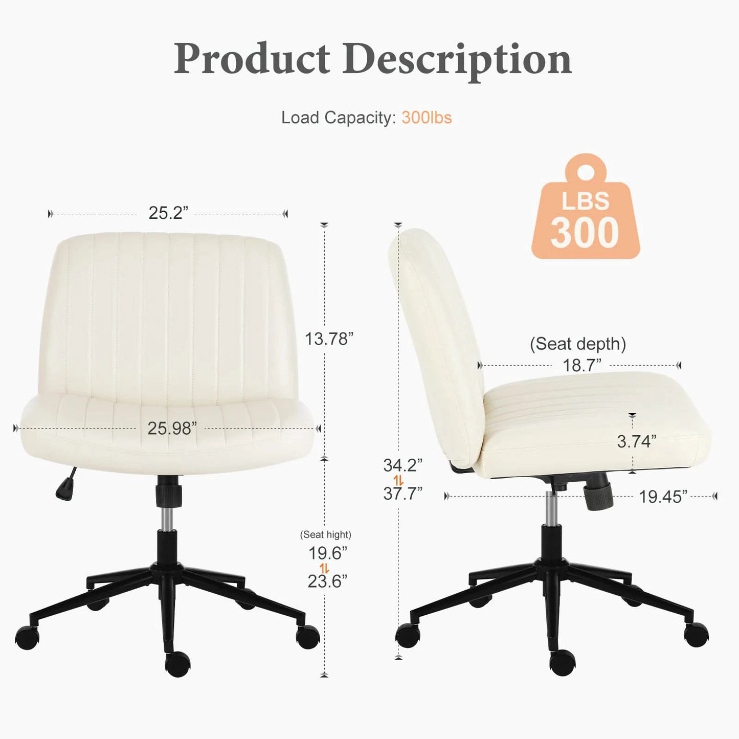 JHK Armless Cross Office Chairs with Wheels PU Leather Swivel Living Room Desk Chair Height Adjustable Support Seat Furniture