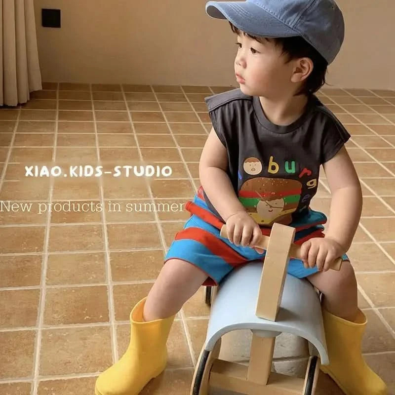 2025 Summer Baby Clothing Set Infant Boys Girls Cute Hamburg Print Sleeveless T-shirt and Stripe Shorts 2Pcs Suit Toddler Outfit - M & M Global