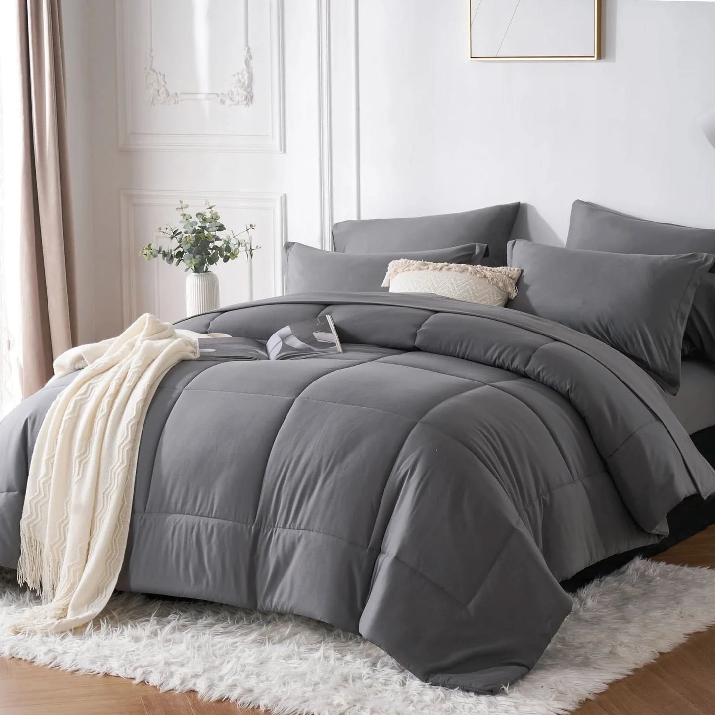 7-Piece Bed in a Bag Comforter Set Queen β Stylish Solid Geometric Bedding Set with Comforter, Sheets & Pillowcases β Modern Design, Ideal Gift