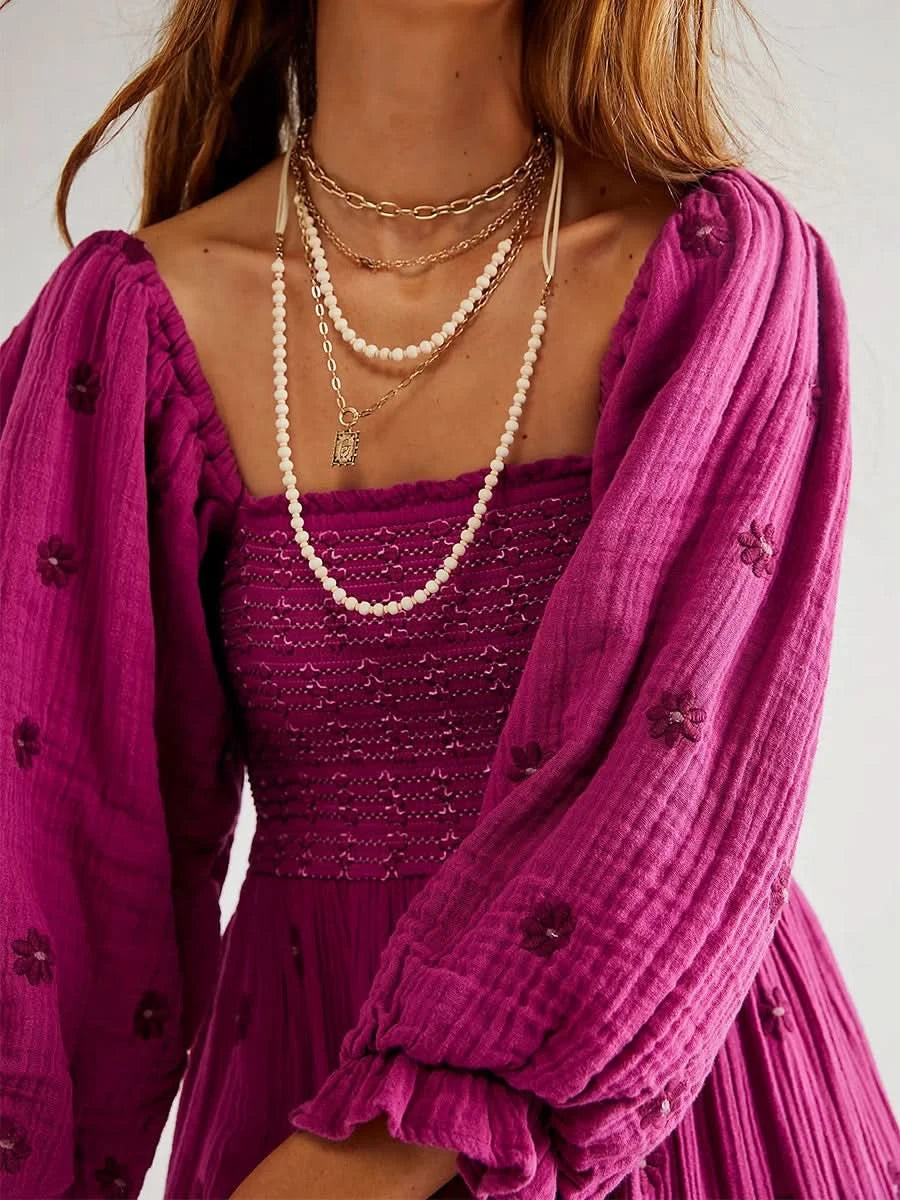 Women's Flower Embroidered Long Dress Bodycon Lantern Sleeve Square Neck Tiered Flowy Dress Bohemian Summer Beachwear Dresses - M & M Global