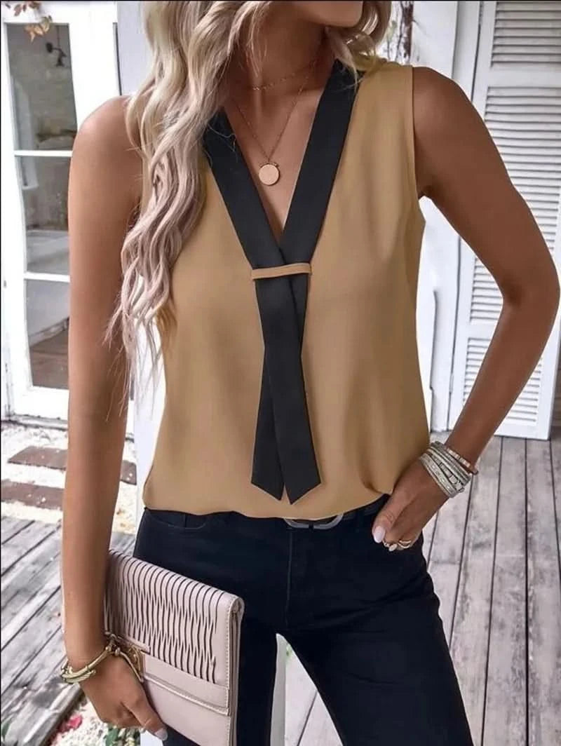Elegant Women's Blouse Tees 2023 Summer Fashionable Style V-Neck Panel Sleeveless Top Lady Shirt S-XXXL - M & M Global