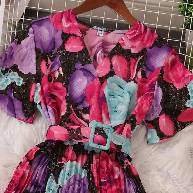 Women Dress Fashion Vintage Ins Bandage Slim Waist A-line Long Dress Vacation Beach Summer Outfits Lady Robe Femme - M & M Global