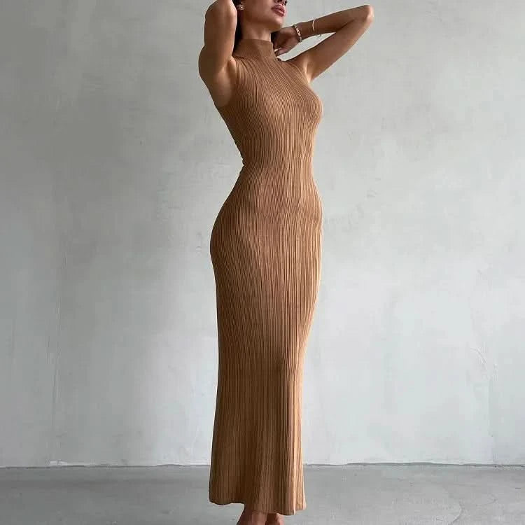 Tossy Sleeveless Knitwear Turtleneck Long Dress Female Slim Elegant Fashion Autumn 2023 Ribbed Knit Dress For Women Maxi Dress - M & M Global