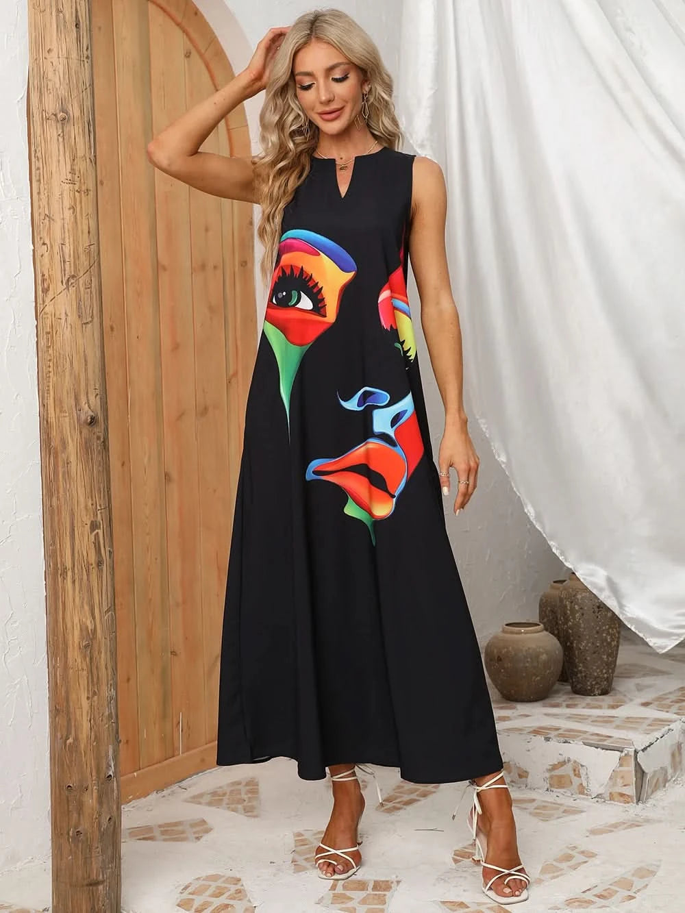 Lady Spring Summer Black Long Dress Sleeveless Red Petals Print Elegant Dresses For Women 2023 Party Beach Women Dress - M & M Global
