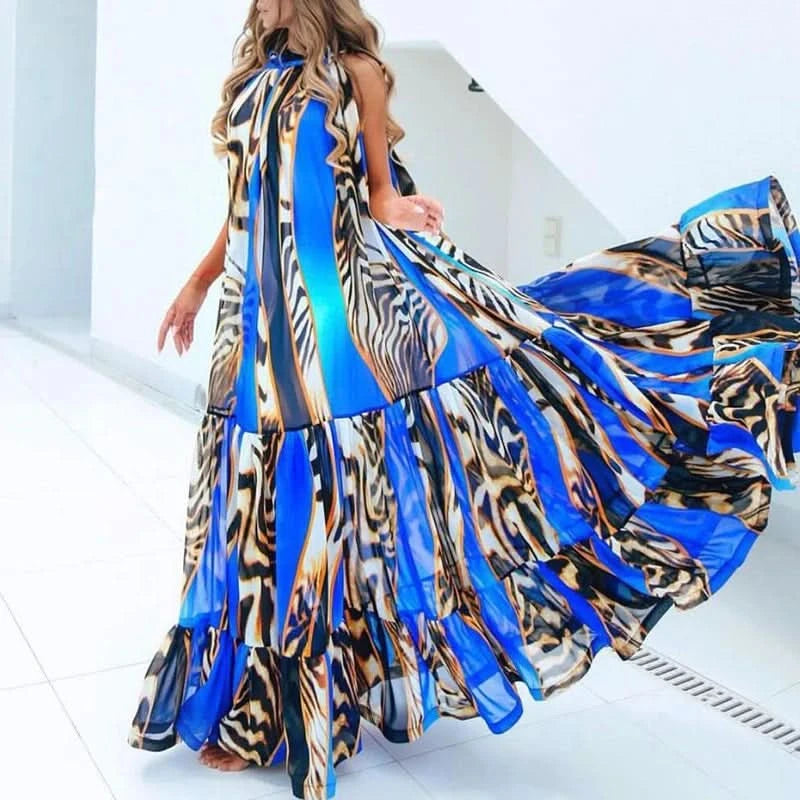 Sexy Summer Party Dress Women Fashion Bow Straps High Waist Pleated Beach Dress Chiffon Casual Floral Print Bohemian Long Dress - M & M Global