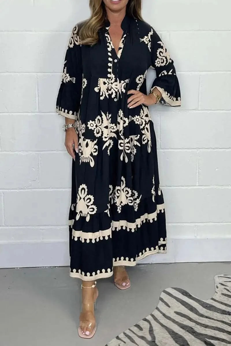 Women's Printed Loose Ethnic Retro Dress Spring Autumn V Neck Button A-Line Long Dress Summer 3/4 Sleeve Bohemian Maxi Dresses - M & M Global