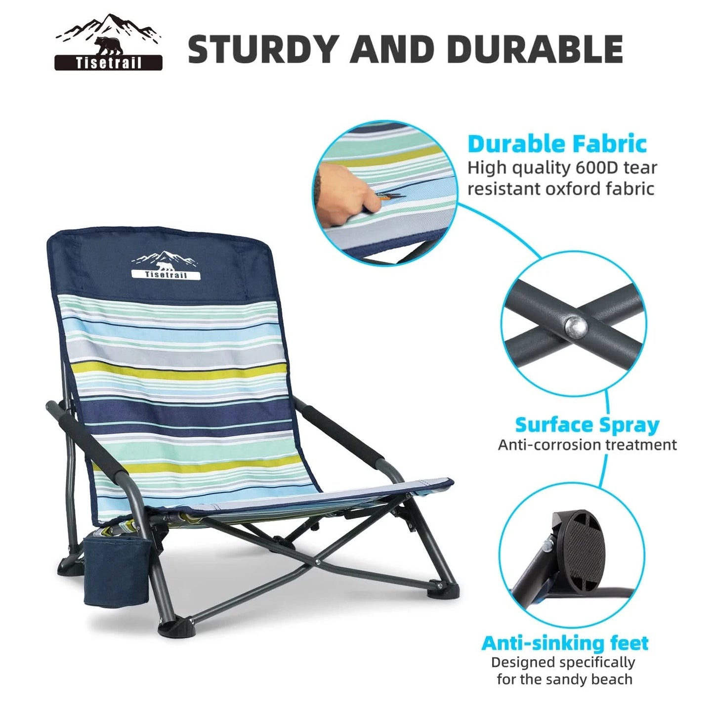 Tisetrail 2 Pack Portable Beach Chair For Adults Low Back Sling Chair With Cup Holder Folding Mesh Sand Chair Lightweight
