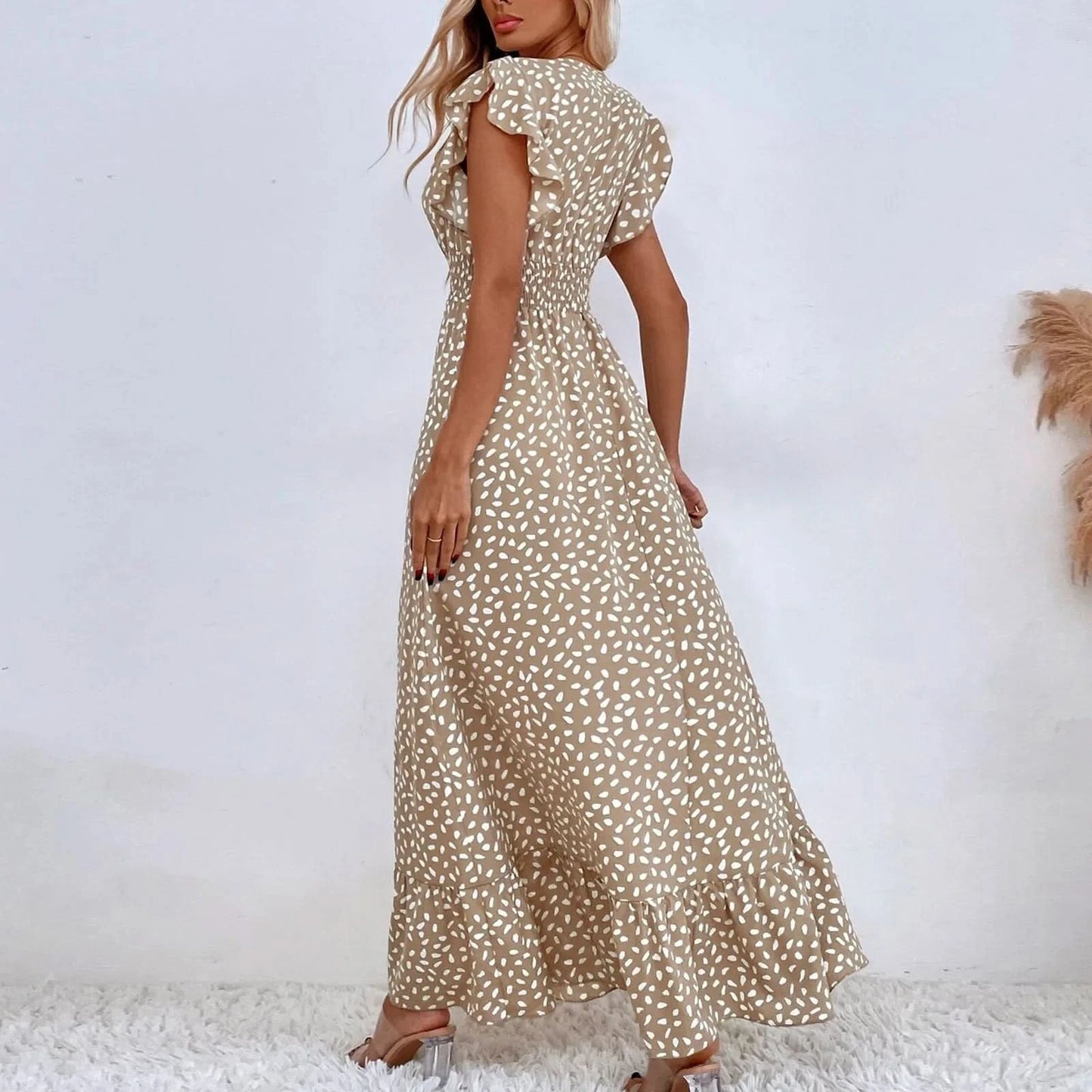 Polka Dot Dress For Women Sexy V-Neck Long Dress Casual And Fashionable Ruffle Edge Short Sleeved High Waisted Dress - M & M Global
