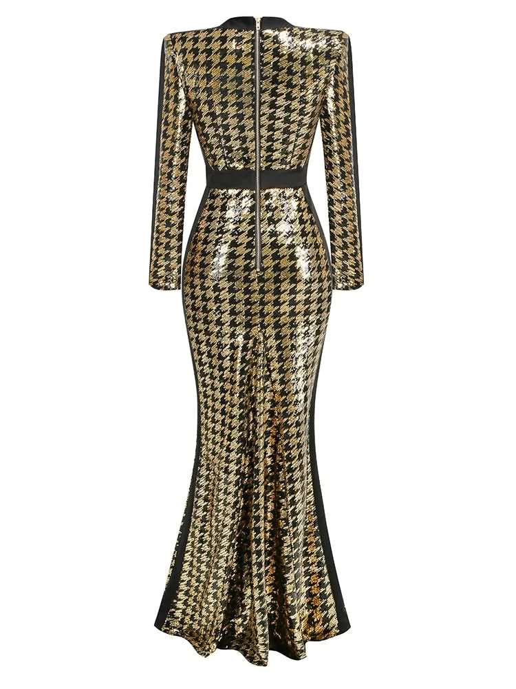 Sexy V Neck Bird Lattice Sequins Maxi Dress Women Black Gold Sequin Long Sleeves Bocycon Long Dress Runway Evening Party Gown - M & M Global