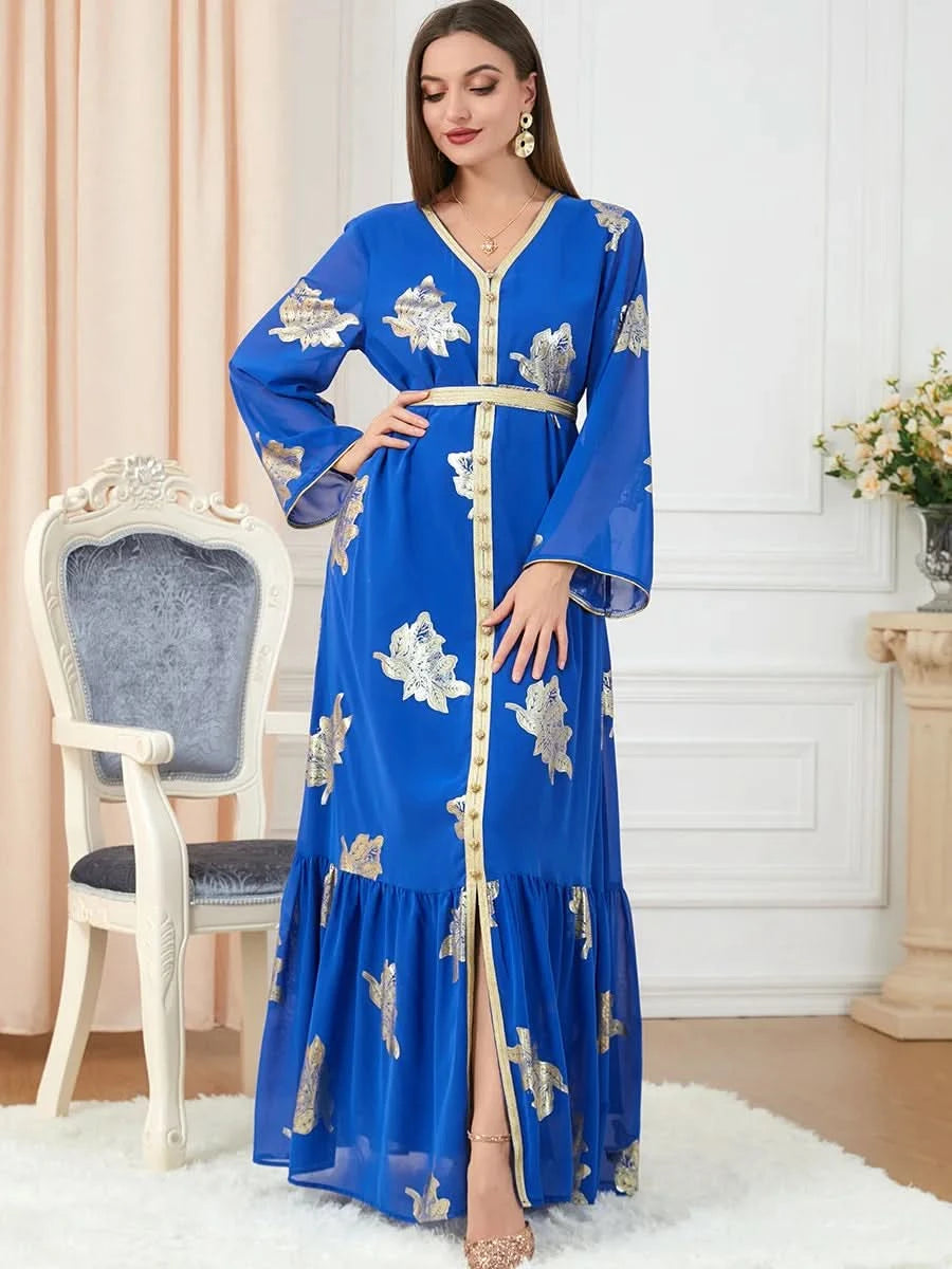 Ramadan Luxury Muslim Fashion Bat Sleeve Moroccan Turkiye Dubai Dress Middle East Arab Dress Sequins Golden Velvet Long Dress - M & M Global
