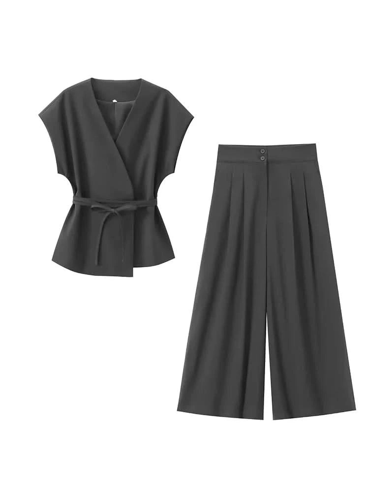 TFMLN Fashion Women's Trouser Suits Sleeveless V-Neck Top With Belt Straight Pants Sets 2025 Spring Summer Commuter 2 Piece Set - M & M Global