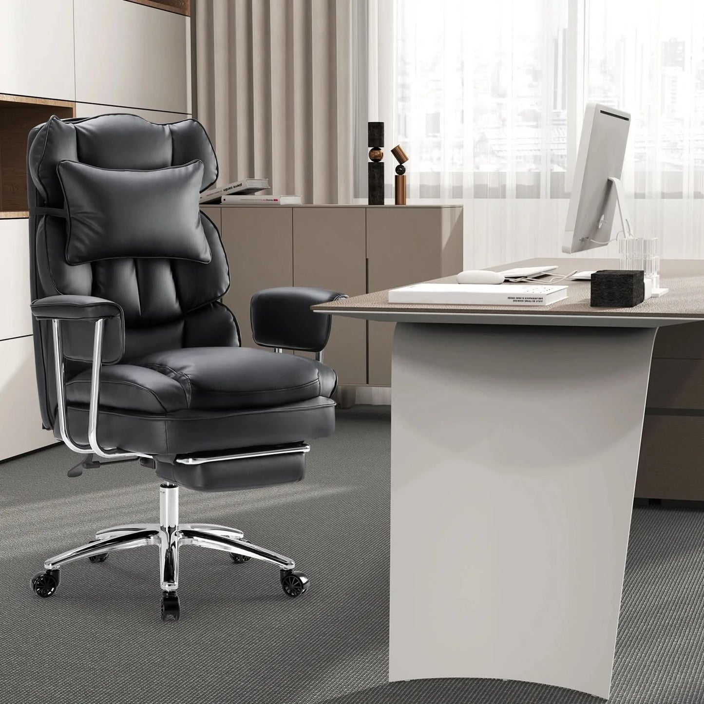 JHK PU Leather Ergonomic Office Computer Desk Chair High Back with Footrest Lumbar Support Height Adjustable For Home Office