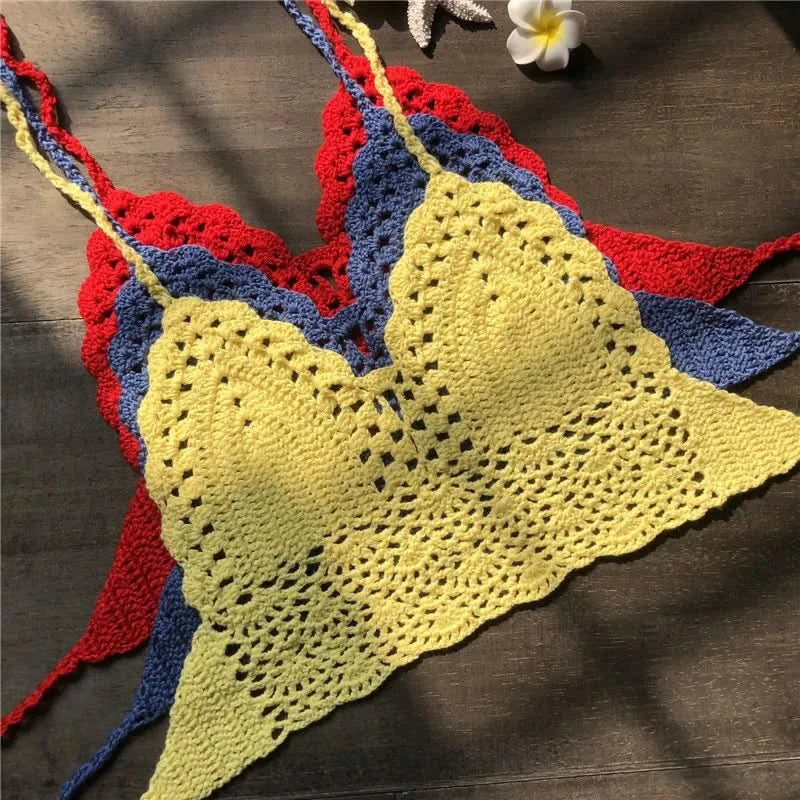 Sexy Style Hand Crochet Solid Color Bikini Beachwear Women Beach Holiday Hollow Out Tie Up Swimsuit Sun Bathing Clothes - M & M Global
