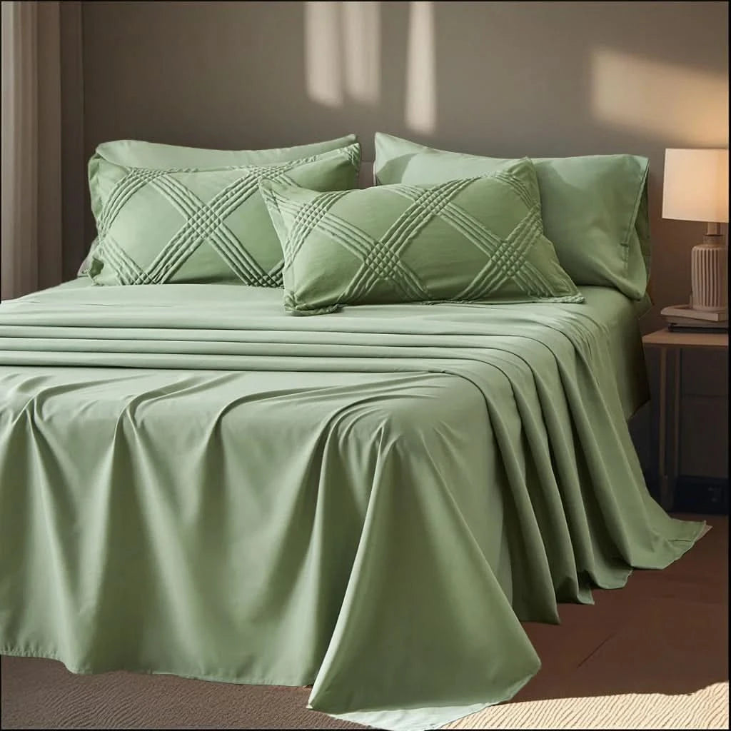 Green bed sheets and pillows on a bed with a lamp in the background
7-piece comforter set
Brushed microfiber bedding
Ultra-soft quilt set
Lightweight comforter set
Machine washable bedding
All-season bedding set
Luxury bed set queen size
Bedding gift set
Modern bedroom decor