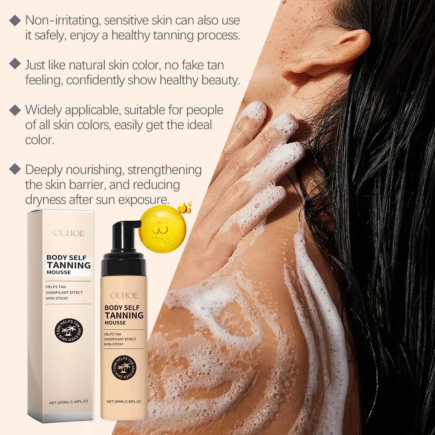 Ouhoe Sunless Tanning Mousse Natural Bronzer Summer Beach Outdoors Moisturizing Flawless Face Body Tanning Mousse - M & M Global