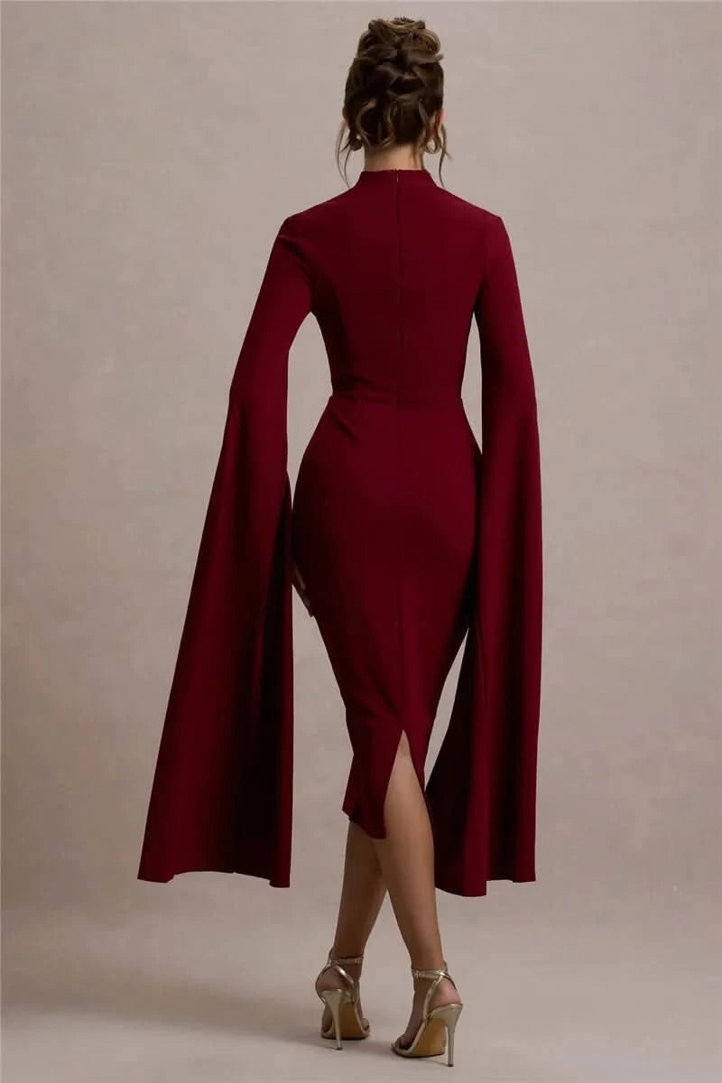 Mozision Cape Long Sleeve Sexy Midi Dress For Women Autumn Winter New Square Collar Back Slit Bodycon Club Party Long Dress - M & M Global