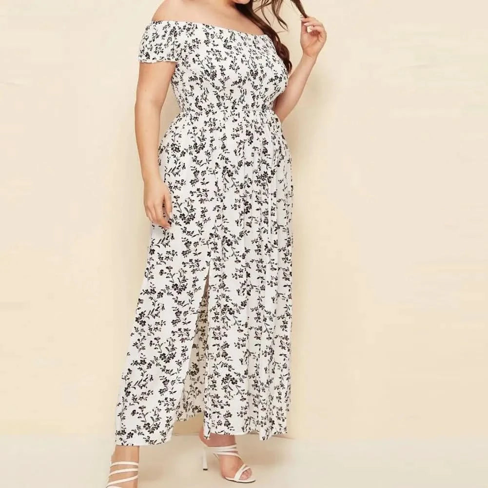 Plus Size Maxi Dress Elastic Chest Wrapped Fine Sewing Long Dress Bohemia Style Off Shoulder Long Dress - M & M Global