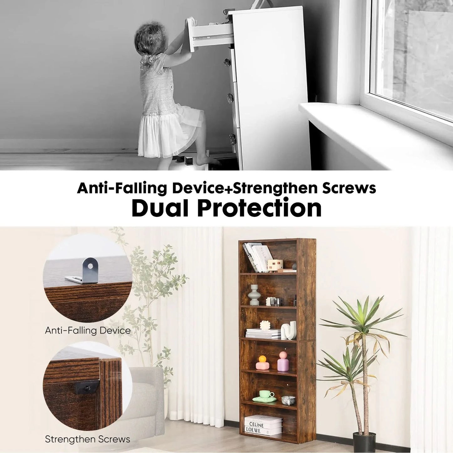 JHK 6 Tier Wooden Shelf Bookcase 63 Inch Tall Floor Standing Open Bookshelf for Living Room and Home Office Personalized Storage