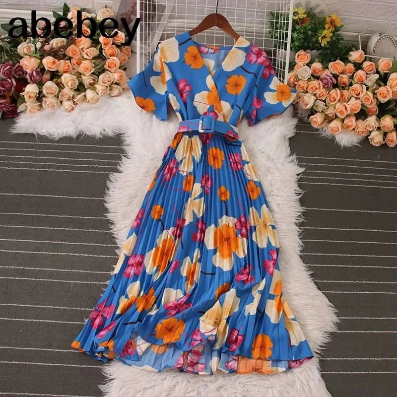 Women Dress Fashion Vintage Ins Bandage Slim Waist A-line Long Dress Vacation Beach Summer Outfits Lady Robe Femme - M & M Global